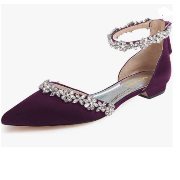 XYD Eggplant Pointed Toe D'Orsay Wedding Sparkly Rhinestones Ankle Strap Sandals - Picture 1 of 8